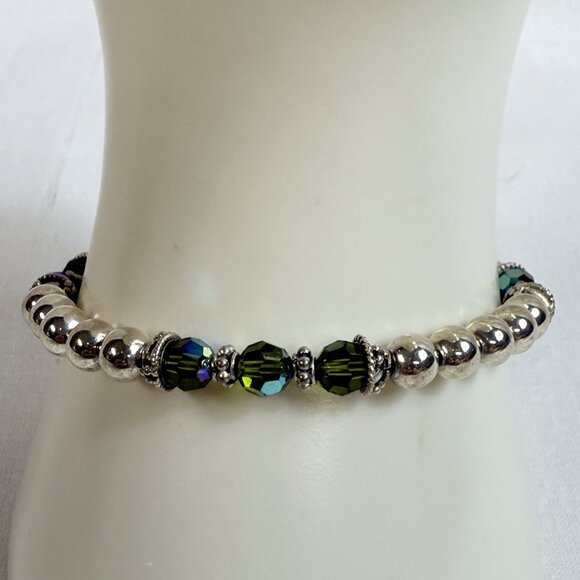 Silver Plated Beaded Bracelet with Green AB Faceted Crystal Beads & Charm 7" - Picture 1 of 6